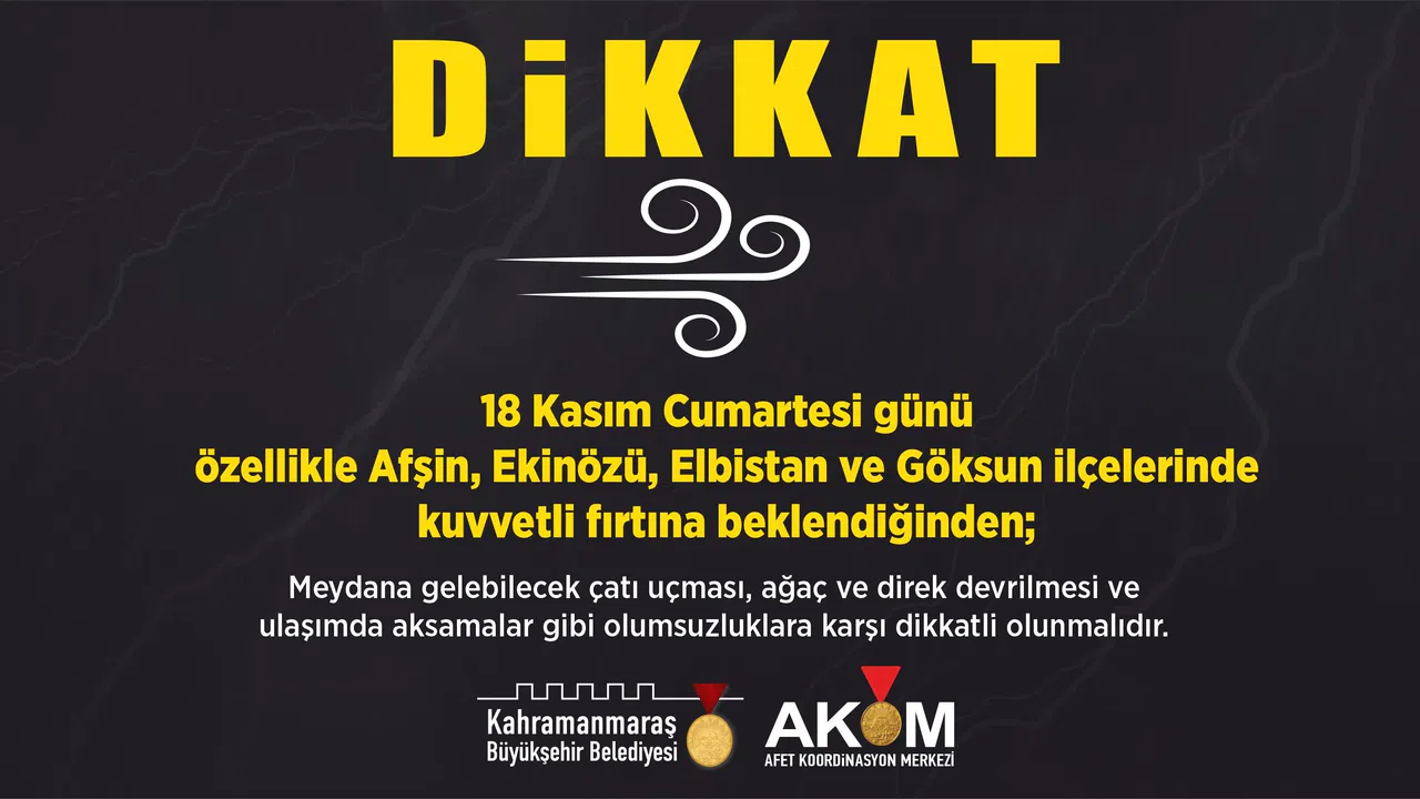 Kahramanmaraş Büyükşehir Belediyesi'nden Kuvvetli Fırtına Uyarısı