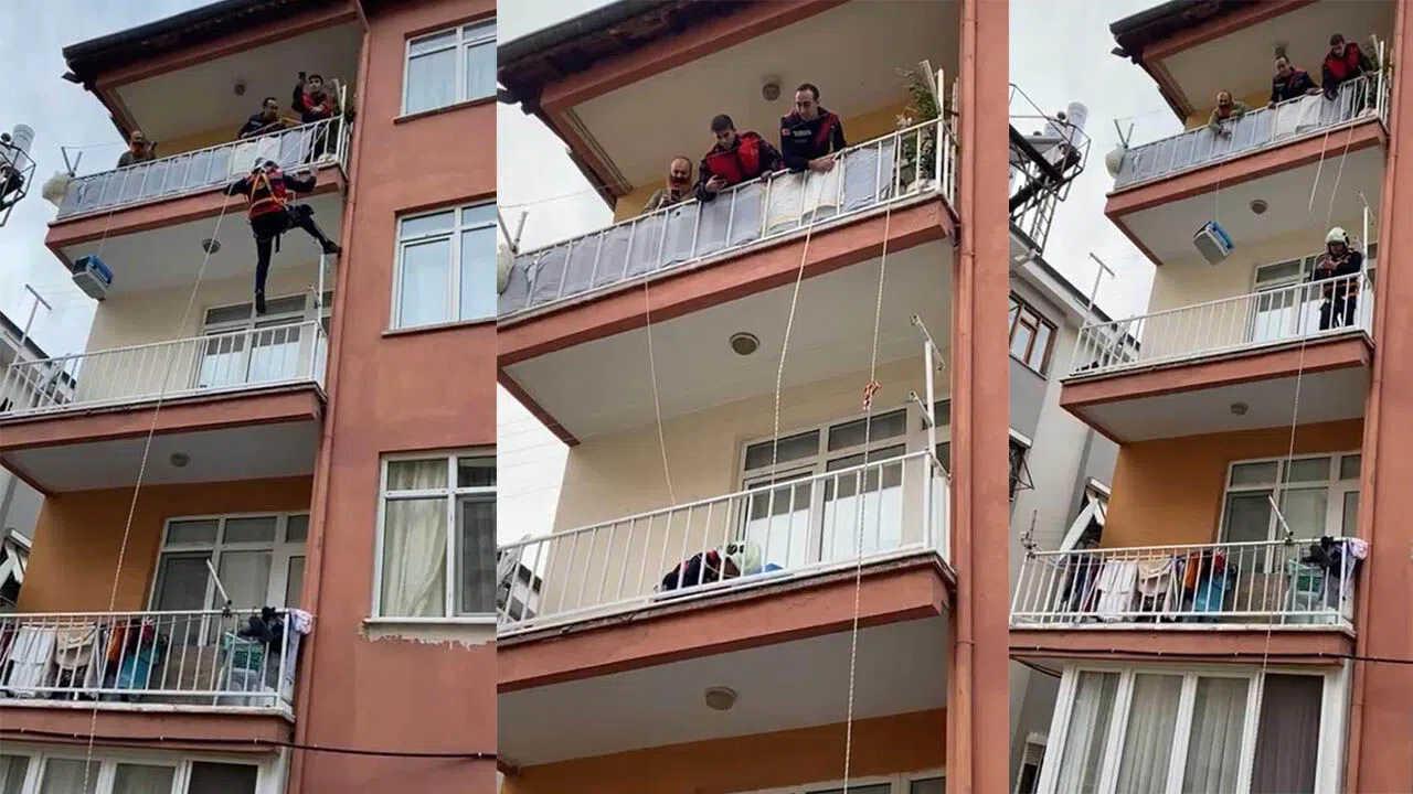 İtfaiyeden balkonda mahsur kalan kedi operasyonu