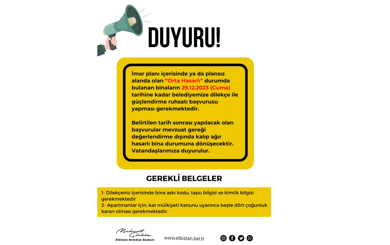 Elbistan Belediyesi Orta Hasarlı Binalar İçin Güçlendirme Ruhsatı Uyarısı!