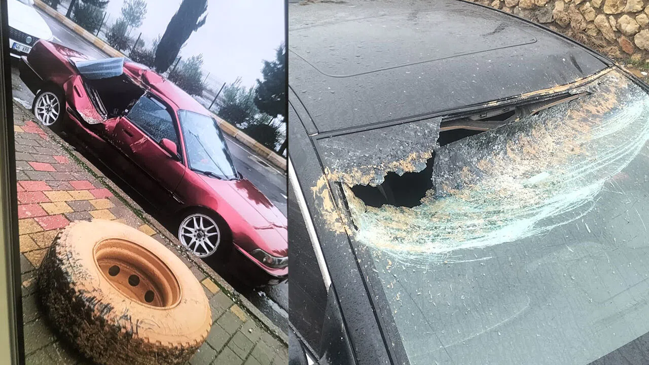 Kahramanmaraş’ta yola fırlayan teker park halindeki iki aracı biçti