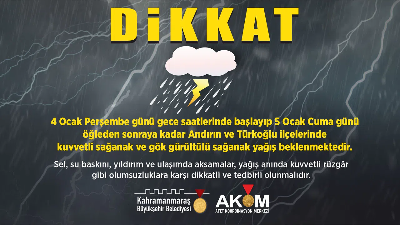Andırın ve Türkoğlu'nda Sağanak Yağış Uyarısı!