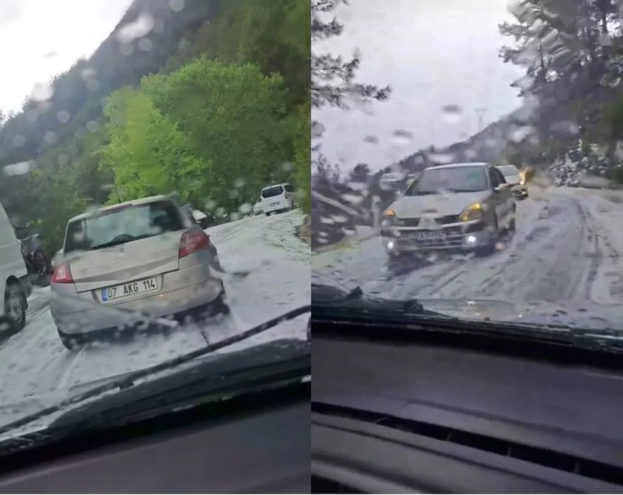 Şiddetli dolu yağışı yayla yolunu beyaza bürüdü