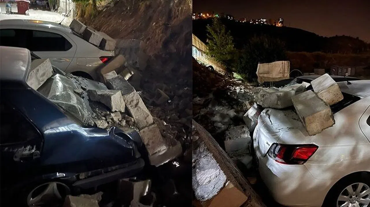 Kahramanmaraş’ta istinat duvarı çöktü, 2 otomobil zarar gördü