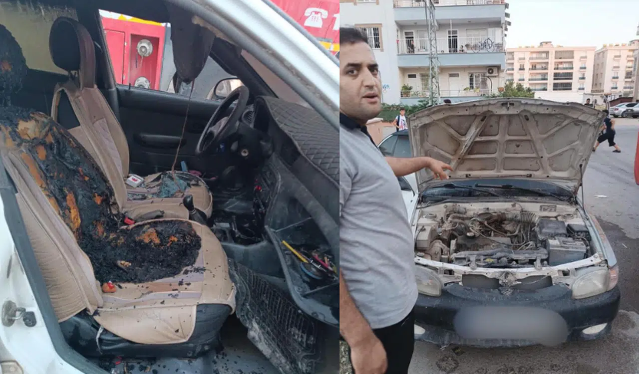 Reyhanlı’da motor kısmı yanan araçta hasar oluştu