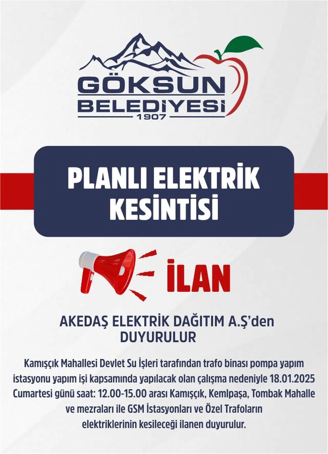 Göksunlu Dikkat!  O tarihte Elektirikleriniz Kesilecek