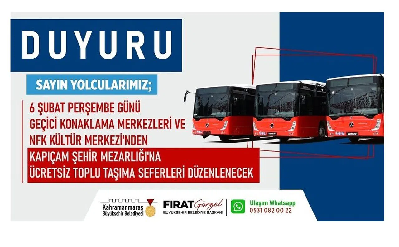 6 Şubat’ta Deprem Şehitliği’ne Ücretsiz Ulaşım Seferi