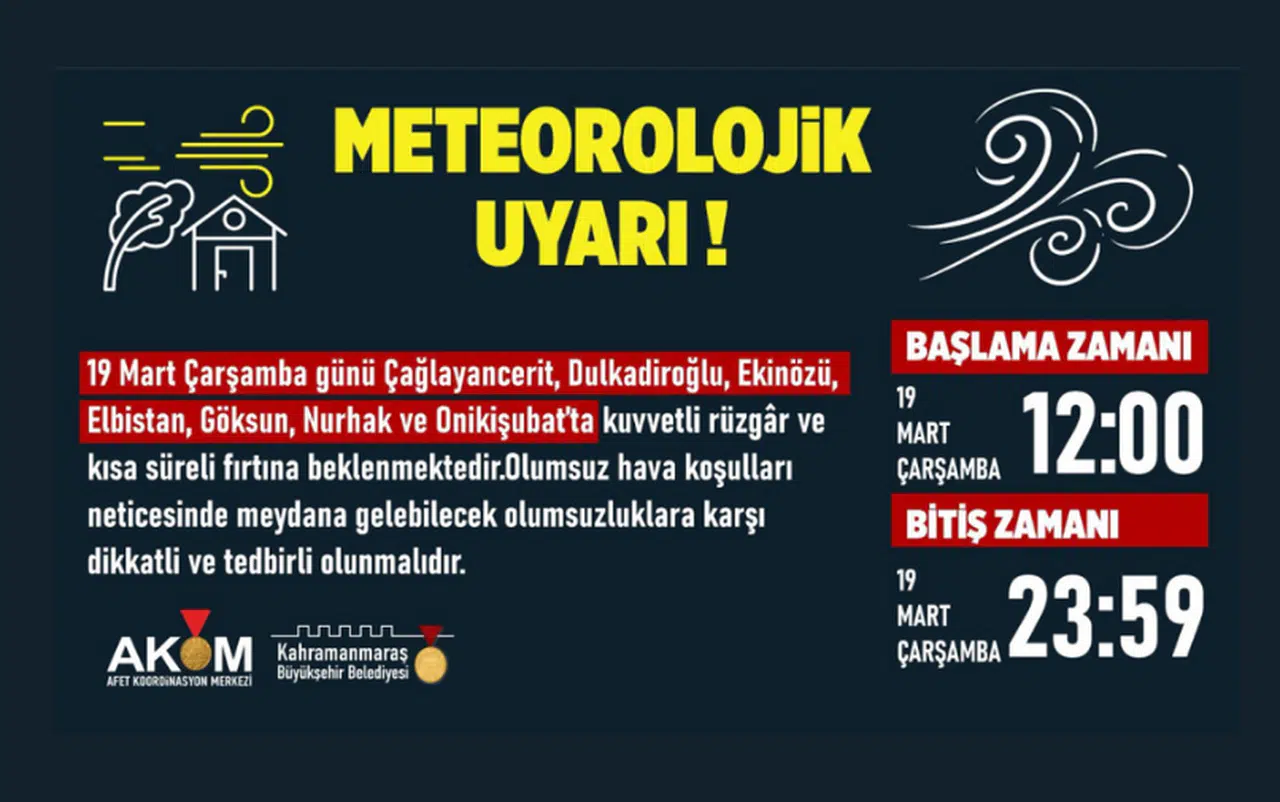 Kahramanmaraş'ta 7 İlçede Kuvvetli Rüzgâr ve Fırtına Uyarısı