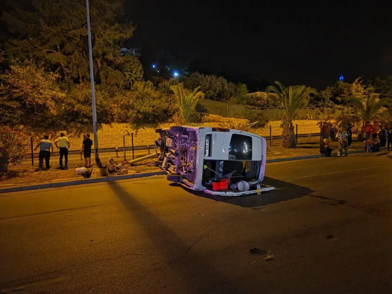 Aydınlatma Direğine Çarpan Minibüs Devrildi