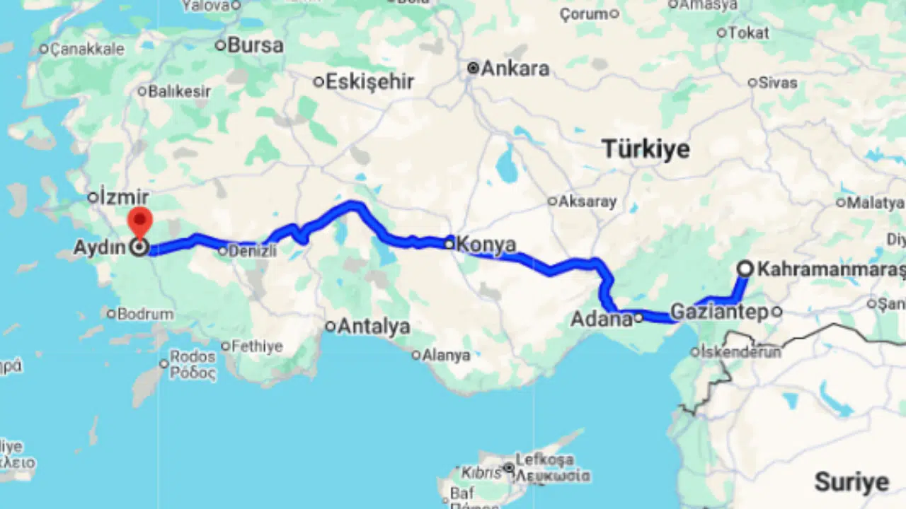 Kahramanmaraş Aydın arası kaç km?