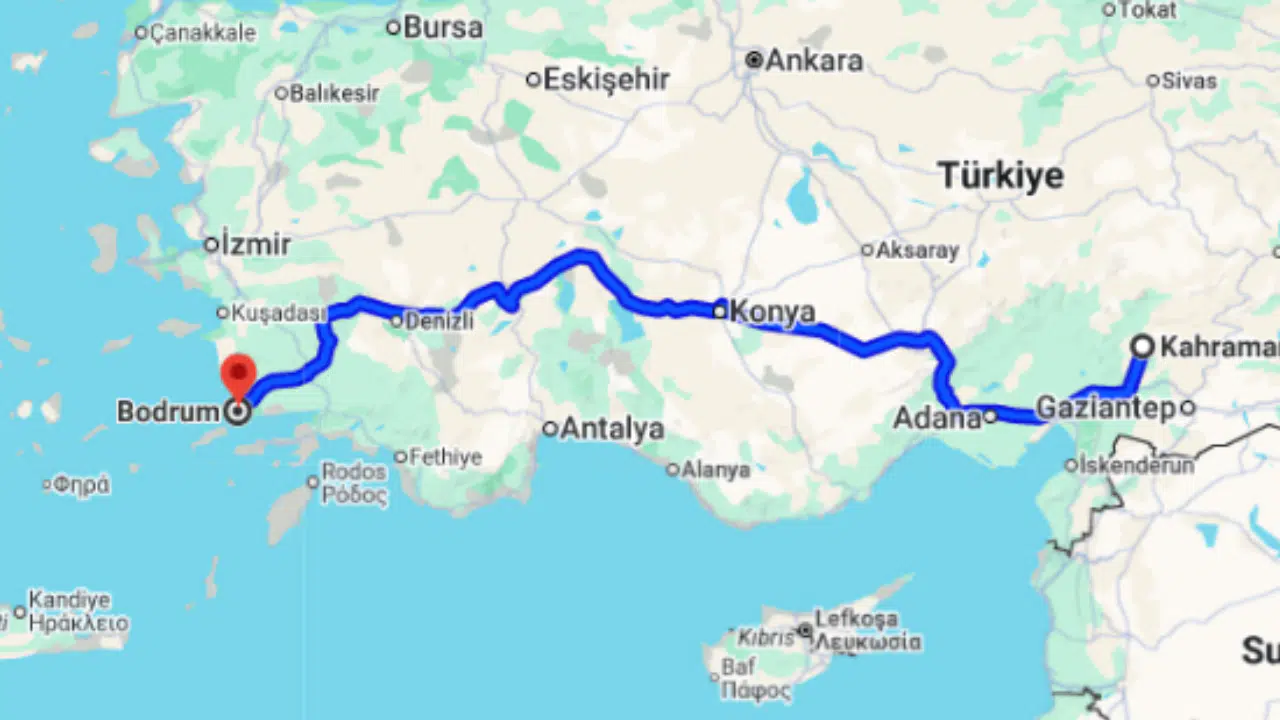 Kahramanmaraş Bodrum arası kaç km?