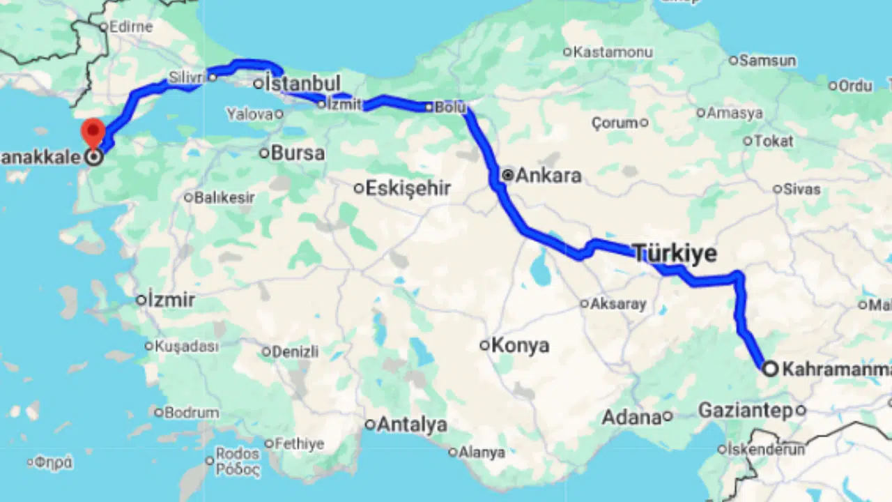 Kahramanmaraş Çanakkale arası kaç km?