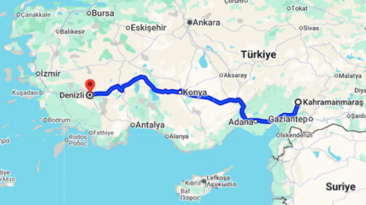 Kahramanmaraş Denizli arası kaç km?