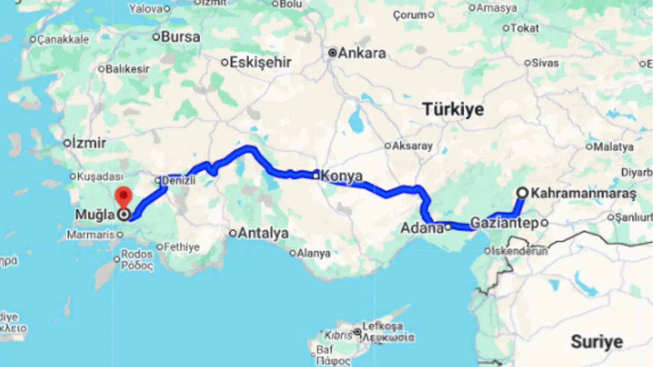 Kahramanmaraş Muğla arası kaç km?