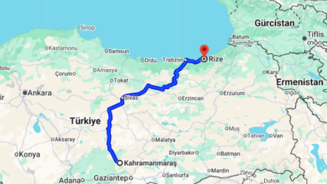 Kahramanmaraş Rize arası kaç km?