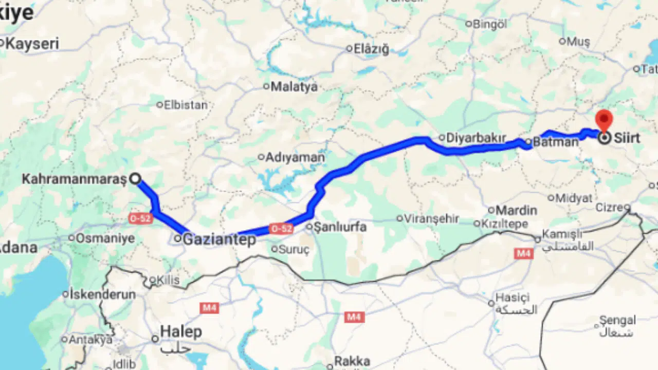 Kahramanmaraş Siirt arası kaç km?