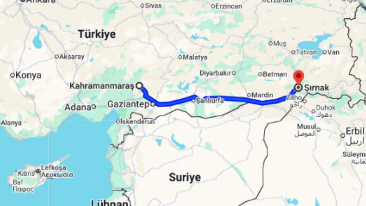 Kahramanmaraş Şırnak arası kaç km?