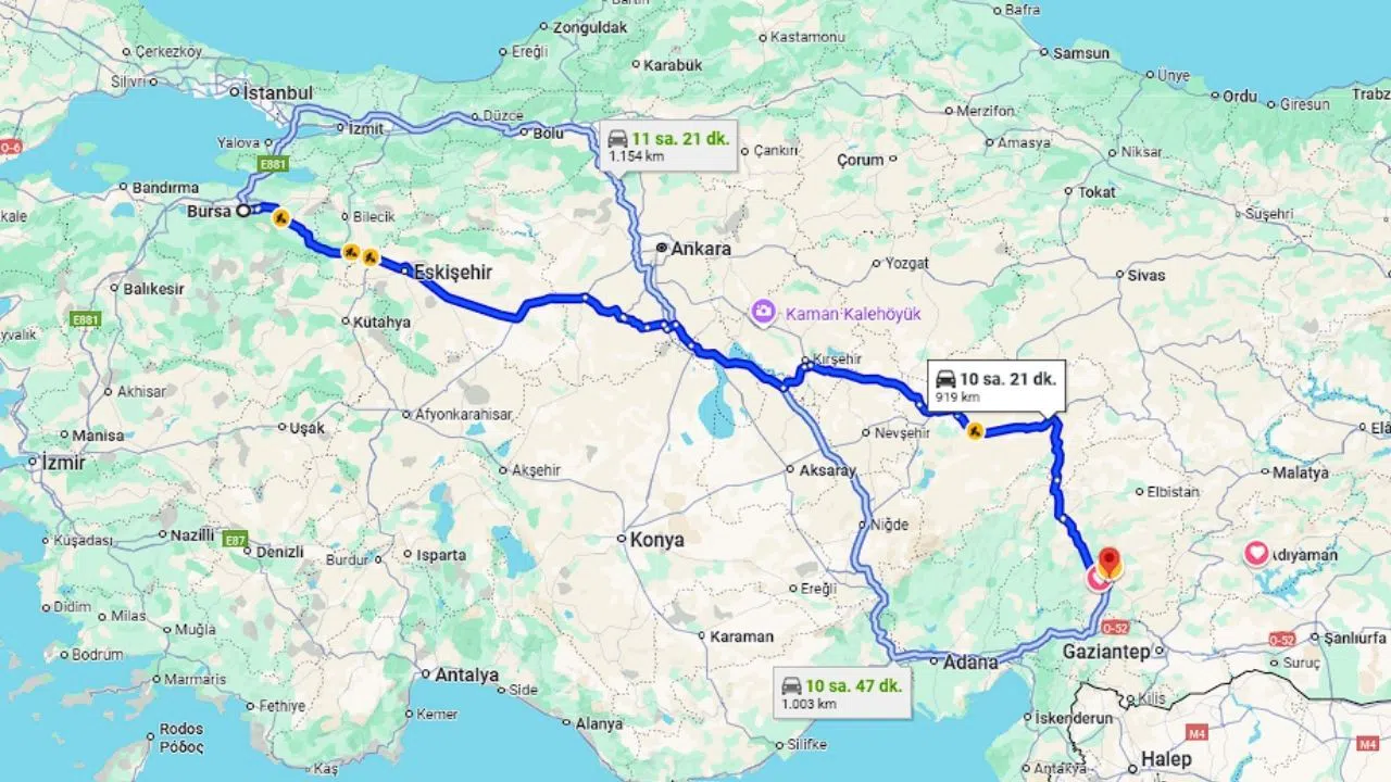 Bursa Kahramanmaraş arası kaç km?