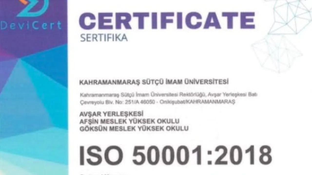 KSÜ'ye TS EN ISO 50001 Enerji Yönetim Sistemi Sertifikası