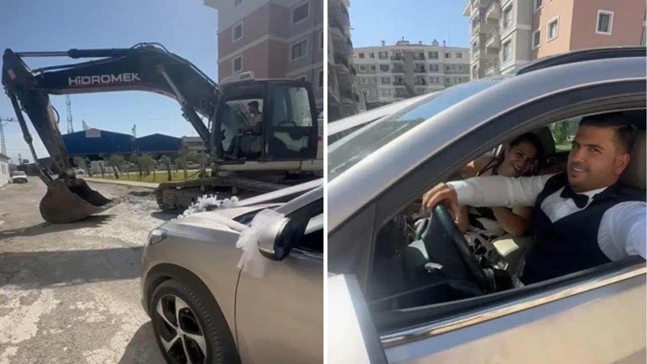 İş Makinesi Operatörü Gelin Arabasının Yolunu Kesti