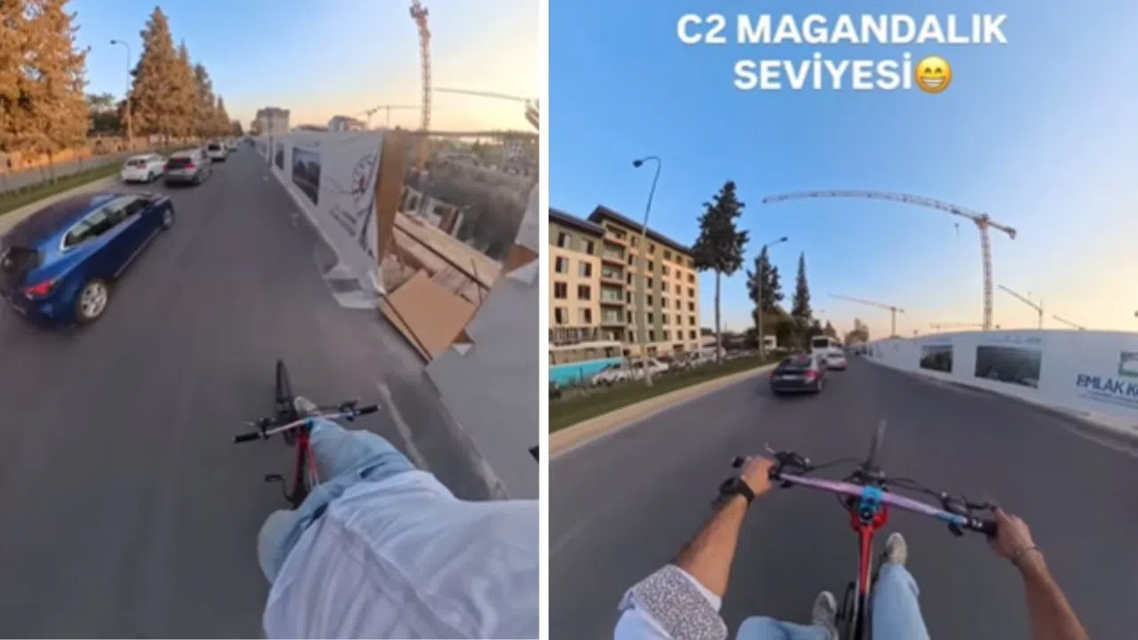 Kahramanmaraş’ta Bisiklet Sürücüsünden Trafikte Akrobatik Hareketler!