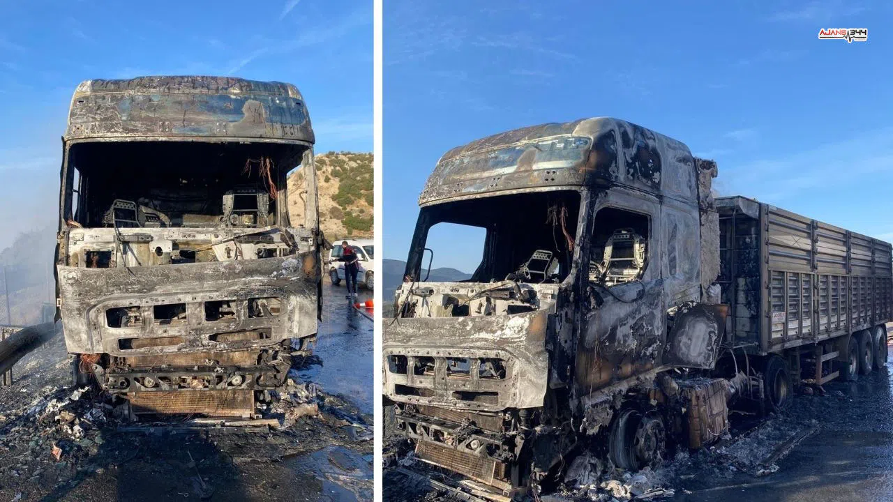 Otoyolda seyir halindeki tır alevler içinde kaldı