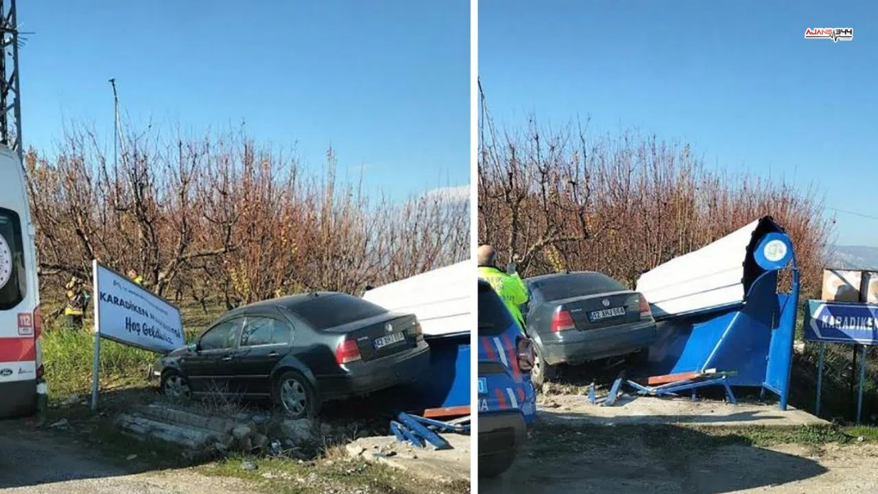 Direksiyon hakimiyeti kaybolunca araç otobüs durağına çarptı