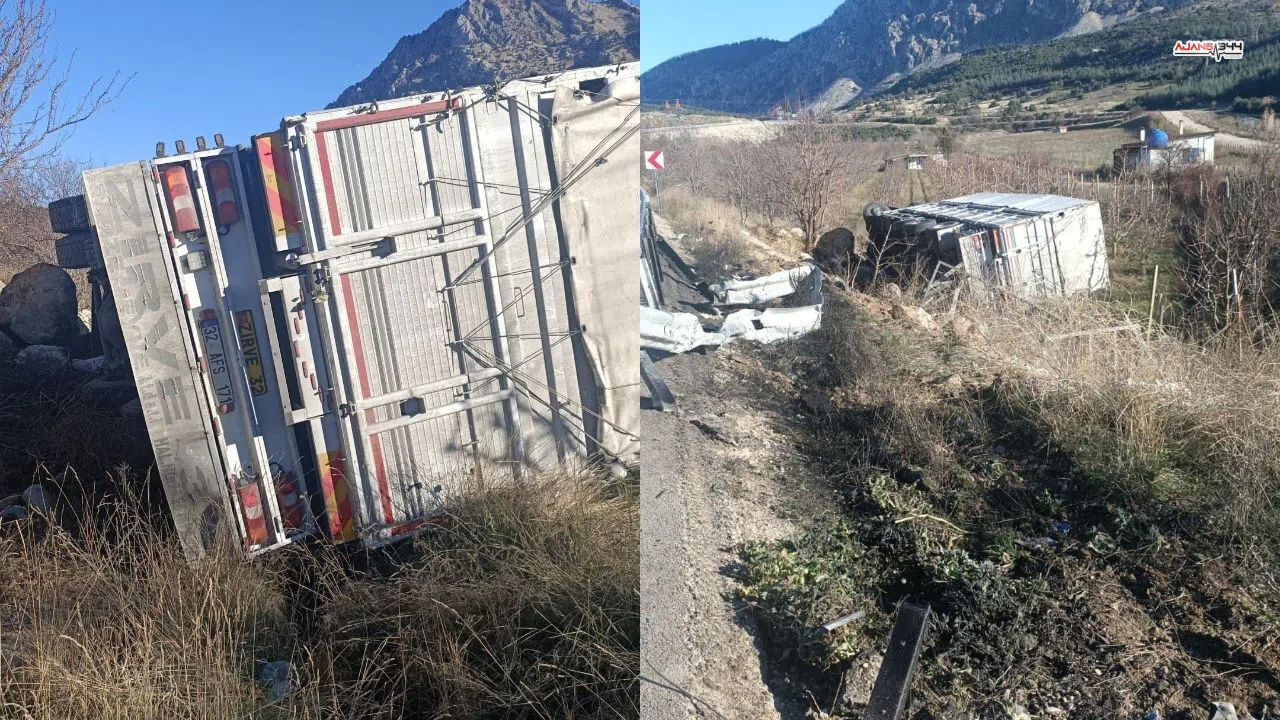 Isparta’da kamyon şarampole devrildi, sürücü yaralandı