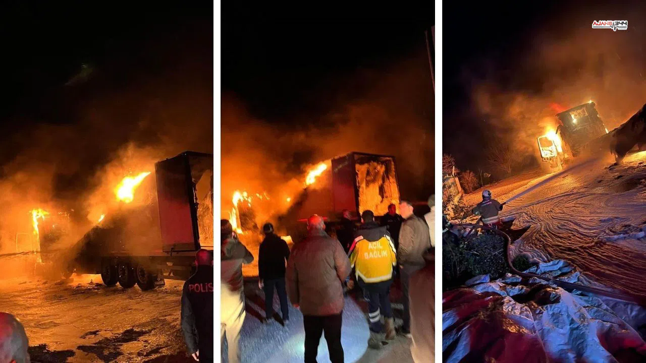 Alevler içinde kalan tır itfaiye ekiplerince söndürüldü