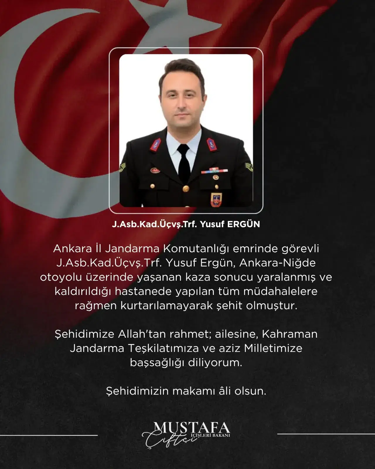 Şehit Yusuf Ergün İçin Bakan Çiftçi'den Mesaj