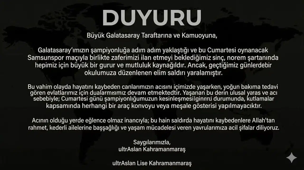ultrAslan’dan Anlamlı Karar: Kahramanmaraş’ta Kutlama Yapılmayacak