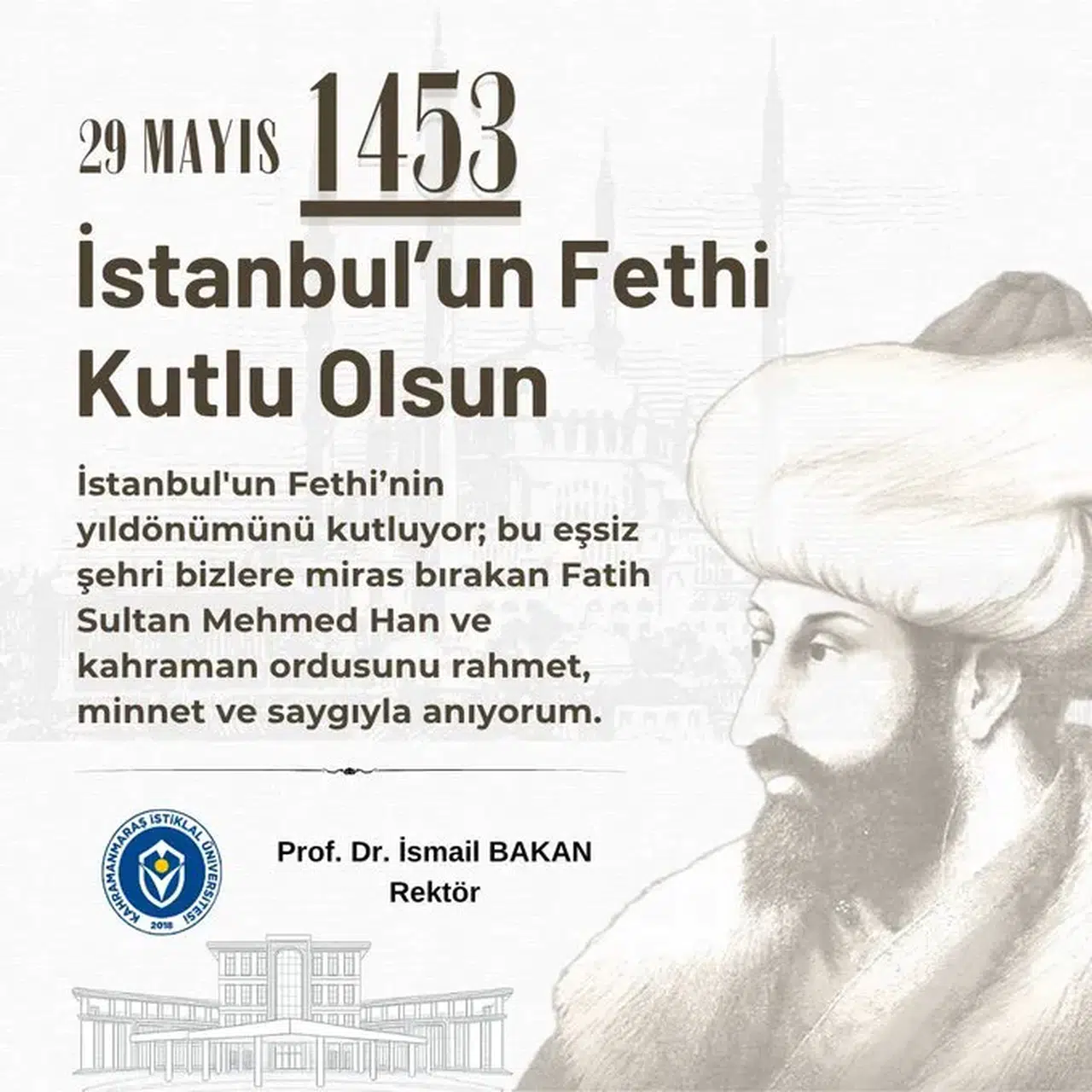 Rektör Bakan’dan 29 Mayıs Fetih Mesajı