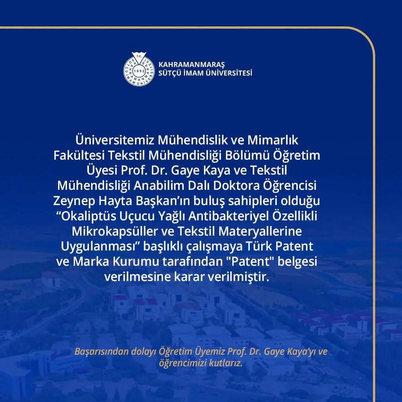 KSÜ’lü Akademisyen ve Öğrenciden Patent Başarısı