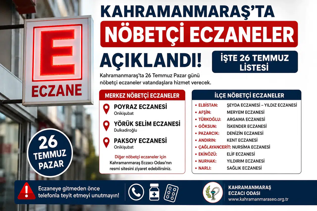 Kahramanmaraş'ta Bugün Hangi Eczaneler Nöbetçi? İşte 26 Temmuz Listesi