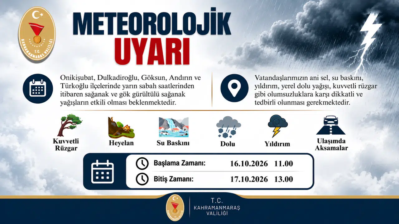 Kahramanmaraş Valiliğinden 5 ilçe için sağanak yağış uyarısı