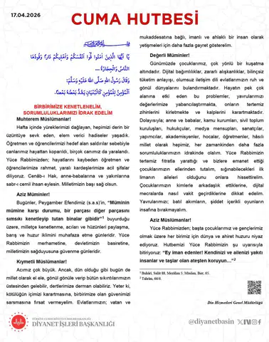 Cuma Hutbesinde Birlik, Sorumluluk ve Aile Vurgusu