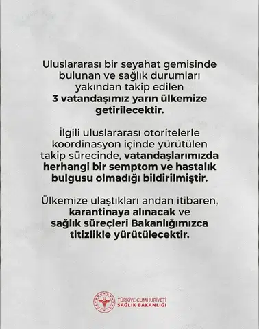 Seyahat Gemisindeki 3 Türk Vatandaşı Yarın Getiriliyor