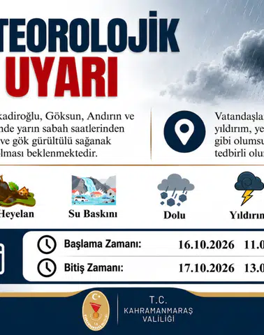 Kahramanmaraş Valiliğinden 5 ilçe için sağanak yağış uyarısı