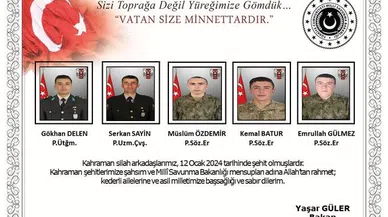 MSB, şehit askerlerin isimlerini açıkladı