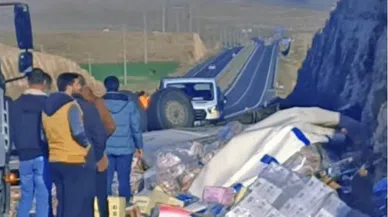 Seyir halindeki gıda yüklü tır devrildi