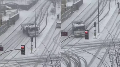 Karlı yolda kontrolden çıkan kamyon yokuş aşağı kaydı