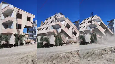 4 katlı bina iş makinesinin darbesiyle yerle bir oldu