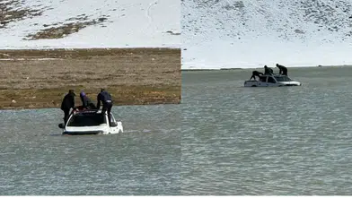 Kahramanmaraş’ta göle giren araç mahsur kaldı