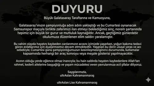 ultrAslan’dan Anlamlı Karar: Kahramanmaraş’ta Kutlama Yapılmayacak