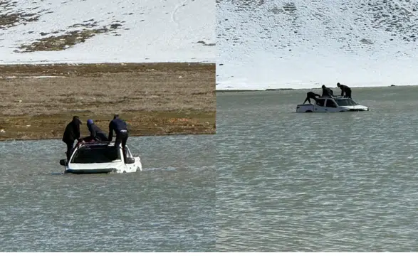 Kahramanmaraş’ta göle giren araç mahsur kaldı