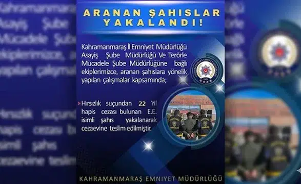 Kahramanmaraş'ta 22 Yıl Hapis Cezası Olan Şahıs Yakalandı