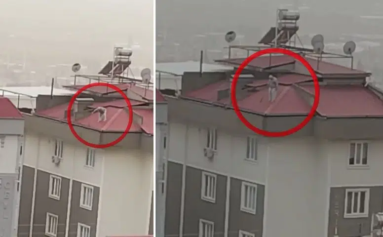 Kahramanmaraş’ta Çatıdaki Tehlikeli Anlar Kameraya Yansıdı