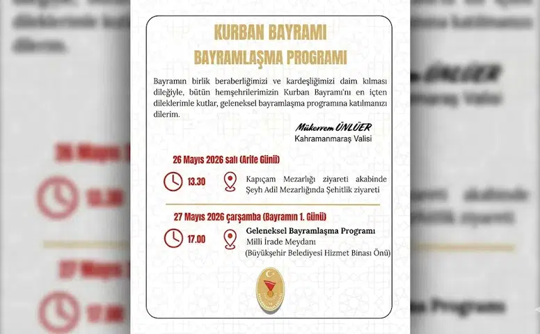 Kahramanmaraş Valiliği Kurban Bayramı Bayramlaşma Programı Açıklandı