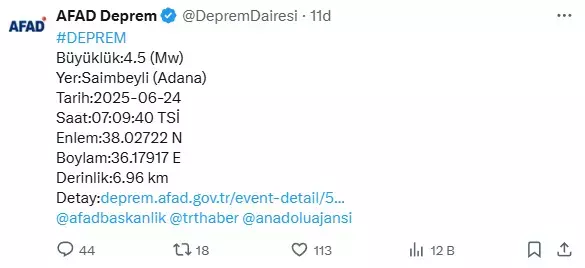 Adana Da 4 5 Buyuklugunde Deprem 18781731 8004 M