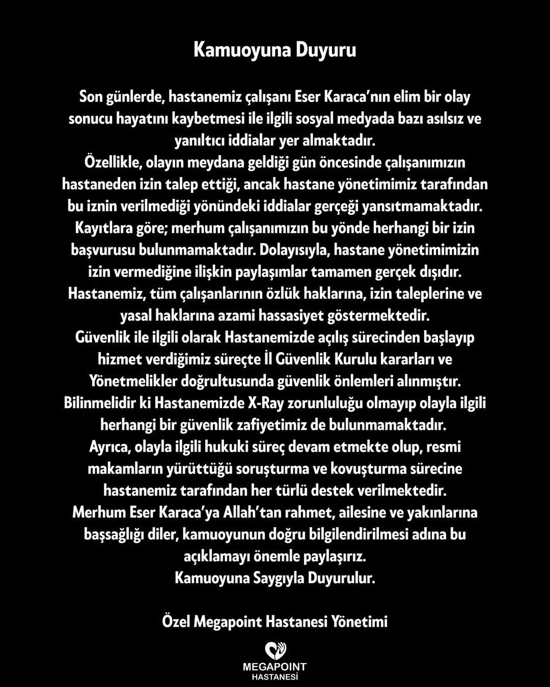 Kamuoyuna Duyuruson Günlerde, Hastanemiz Çalışanı Eser Karaca’nın Elim Bir Olay Sonucu Hayatını