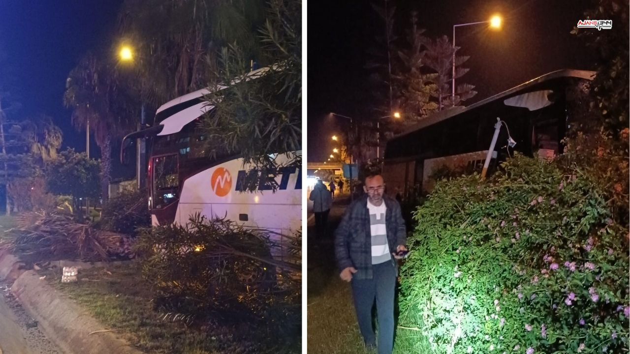 Yolcu Otobüsü Ağaç Ve Aydınlatma Direğine Çarptı 3 Yaralı (1)